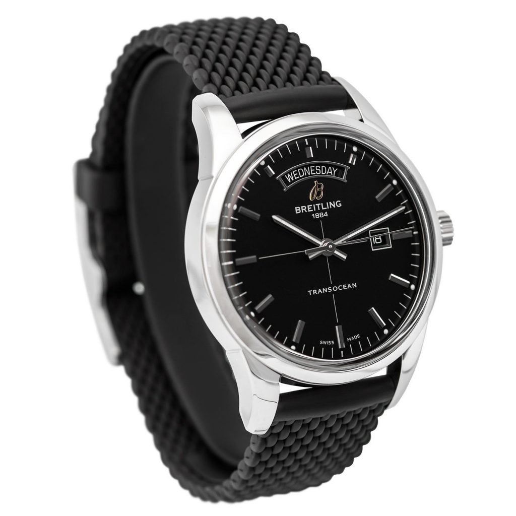 The black strap fake watch is designed for men.