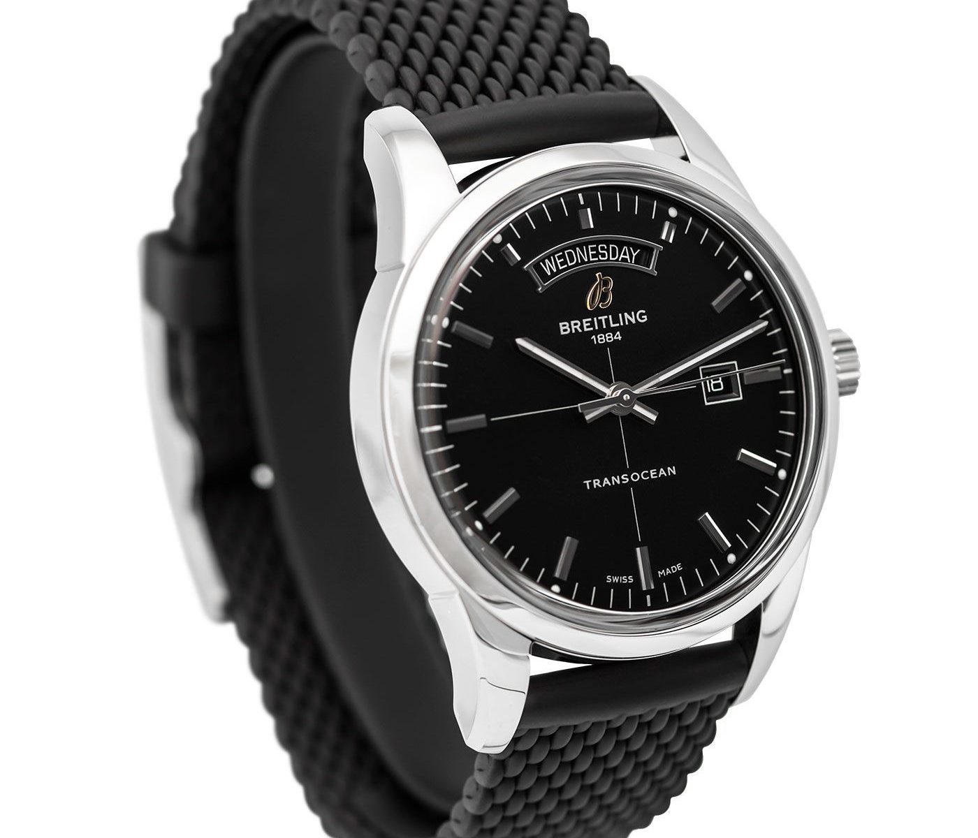 The black strap fake watch is designed for men.