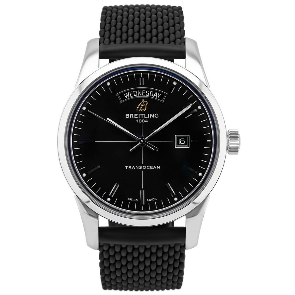 The male replica watch has black dial and black strap.