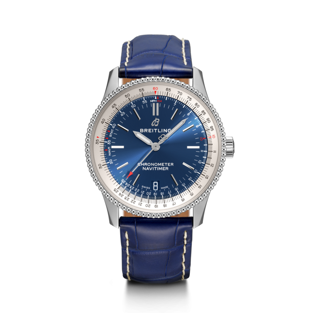 The copy Breitling features a blue dial and blue leather strap.