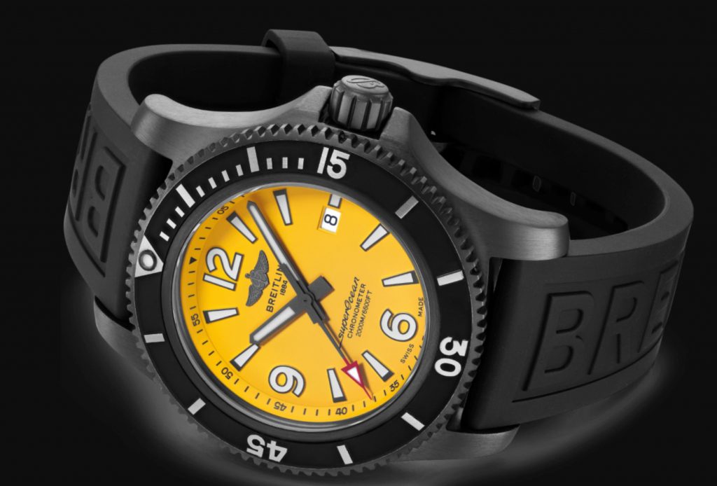 the yellow dial fake watch has a black strap.