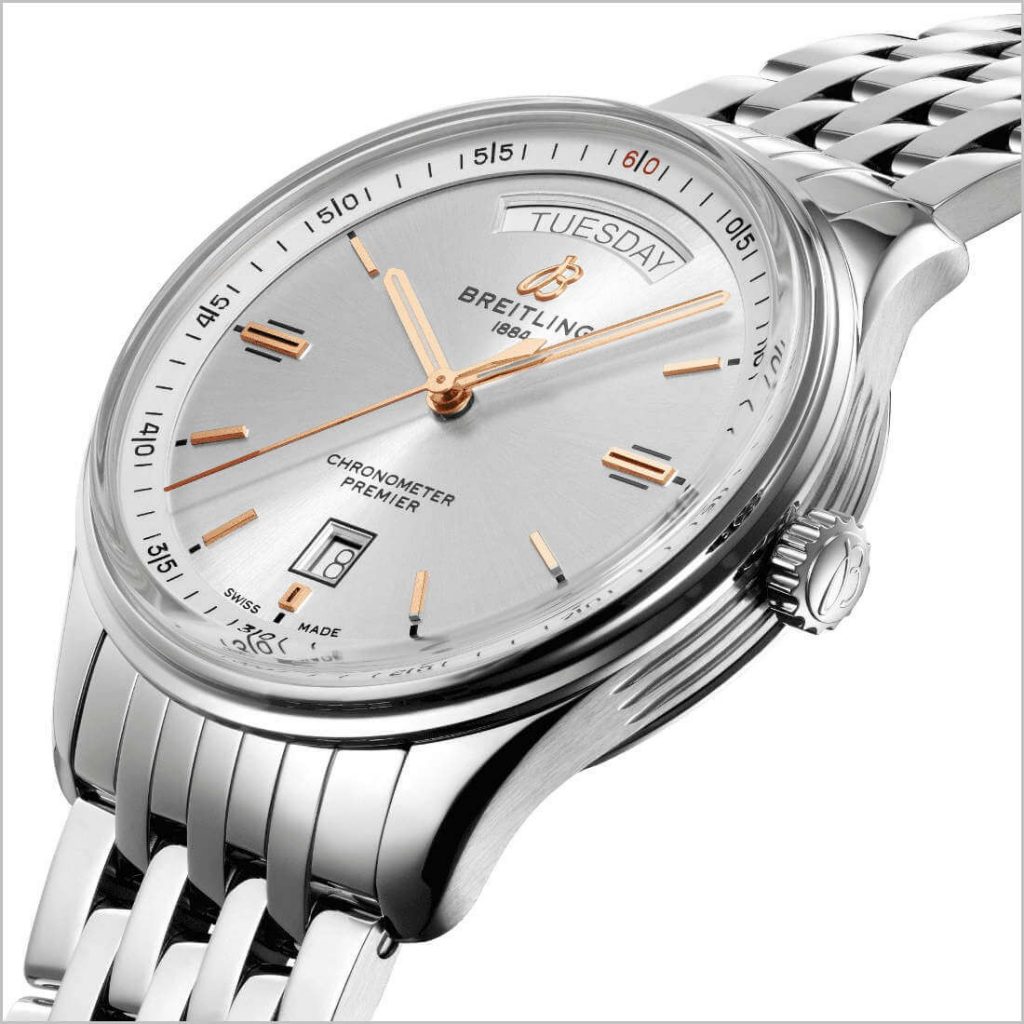 The silvery dial fake watch has both day and date windows.